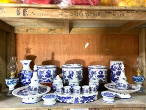 Bộ bát hương nhang thờ gia tiên Song Long chầu Nguyệt chữ Phúc Lộc Thọ sứ Cẩm Thạch men xanh kim