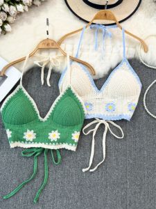 Beach Vacation Bohemian Hollow out Knitted Strap Vest Womens Outerwear Stylish Slim Fit Top Commute Style Short Length