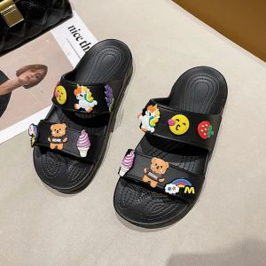 2024 Women Summer Casual Slides Comfortable Flax Slippers Striped Cartoon Flip Flops Platform Sandals Ladies Outdoor Shoes
