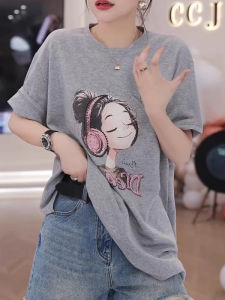 BINKAFENNY | Loose Fit Round Neck Short Sleeve T-Shirt Womens Summer Design Large Size Fat MM Cartoon Print Lace Back Grey Top