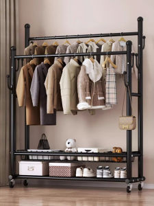 Thickened Floor-Mounted Clothes Drying Rack Simple Bedroom Coat Rack Indoor Double Rod Hanger Luxury Steel Stand No Assembly