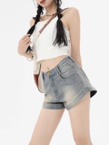 กางเกงขาสั้นยีนส์เอวสูงสไตล์ย้อนยุคสำหรับผู้หญิงในช่วงฤดูร้อน กางเกงขาสั้นทรงเอหลวมๆ ทรงสลิมฟิต กางเกงขาสั้นทรงเอสำหรับสาวฮอต