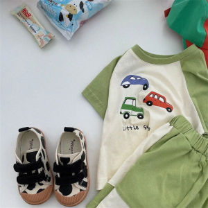 Cartoon Car Print Splicing Color Block Short Sleeve Shorts Set Loose Casual Comfortable Sports Two Piece Set for Boys And Girls