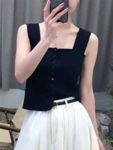 QINGNAER | Large Size Versatile Black Buttoned V-neck Wide-shoulder Sweater Vest for Women