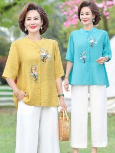 Summer Outfit Set for Middle-Aged Women Cotton Linen Shirt Two-Piece Set Large Size Fashionable Stand Collar Single Button Closure
