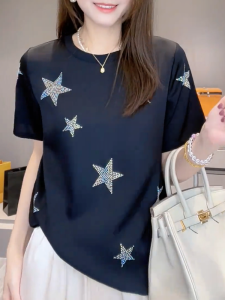 QINGNAER | Korean Style Heavy Embroidered Star Round Neck Short Sleeve T-Shirt