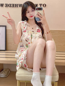 ชุดนอนฤดูร้อนผ้าไหมน้ําแข็งสําหรับผู้หญิงการออกแบบแอนิเมชั่นการ์ตูนน่ารักพร้อมกางเกงขาสั้นแผ่นหน้าอกและสลิง Squared Collar เส้นใยโพลีเอสเตอร์