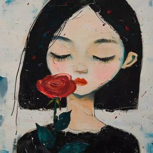 Tranh trừu tượng người chân dung cô gái và hoa hồng.Tranh treo tường dán tường trang trí nội thất.CGI-944