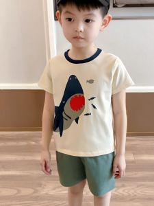 Korean Style Boys T-Shirt Pure Cotton Short Sleeve Childrens Summer Clothes Baby Cartoon Print Breathable Comfortable Kids Shirt