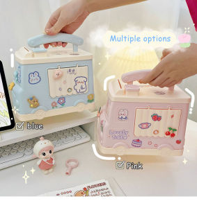 2023 Lovely Bus Cash Box Piggy Bank With 3D Sticker Cartoon Coin Code Key Lock Automatic Cash Coin Saving Box Cute Square Money Boxes with Lock and Key Decoration for Kids Girl Gift