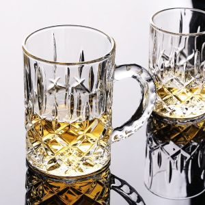Home Glass Cups Beer Steins Large Capacity Drinking Cup with Handle Thick Heat-Resistant Tea Cup Transparent Engraved Flower