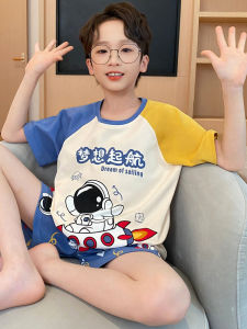 ชุดนอนเด็กชายผ้าฝ้ายแท้สำหรับฤดูร้อน เสื้อผ้าใส่อยู่บ้านแบบบาง ชุดนักบินอวกาศ แขนสั้น คอกลม ลายการ์ตูน สวมใส่สบาย