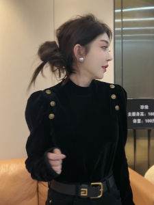 French Style Retro Half Turtleneck Black Velvet Tops: Early Autumn Women's Fashion
