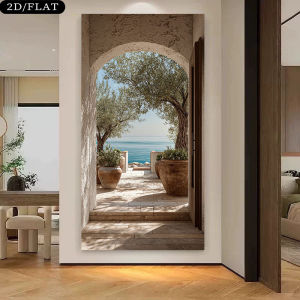 2D Flat Large Frameless Modern Home Wall Decoration Olive Trees and Ocean Canvas Art Prints for Living Rooms and Bedrooms Decor