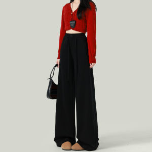 American Retro High Waist Drawstring Wide Leg Pants Womens Loose Slimming Lazy Style Casual Straight Leg Trousers