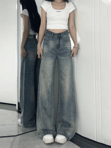 สไตล์อเมริกัน ทรงสูง เอว ขากว้าง กางเกงยีนส์ ผู้หญิง หลวม ทรงขาบาน กางเกง ฤดูใบไม้ผลิ ฤดูใบไม้ร่วง สีน้ำเงินเข้ม ผ้าฝ้าย ผ้ายีนส์ยืด