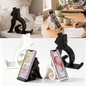Creative Minimalist Cat Phone Holder ABS Hard Plastic Curly Tail Design Stable Desk Stand for Video Call Office Home