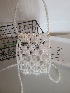 Handmade DIY Pearl Material Hollow Beaded Crossbody Bag Sweet Casual Woven Retro Mobile Phone Bag Soft Fabric Lining Detachable Shoulder Strap