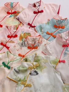 Girls Short Sleeve Silk Cheongsam Dress Baby Republic of China Style Retro Buttoned Dress Guzheng Performance Clothes Summer New Arrival