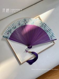 Vintage Gold-Stamped Purple Folding Fan for Photography with Water-Media Design Ideal for Qipao Traditional Chinese Costume