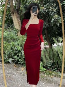 French High-End Red Dress Womens Long Sleeve Slimming Waist Square Collar Wedding Dress Commute Korean Style Pleated Asymmetrical High Waist Long Skirt