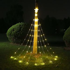 Christmas Solar Tree Waterfall String Light Christmas Decorations 2024 Tree Star String Lights Xmas Lights Outdoor Waterproof Light For Fairy Icicle Light For Garden Wedding For Home Solar Power Atmosphere Decoration Small Colored Lights