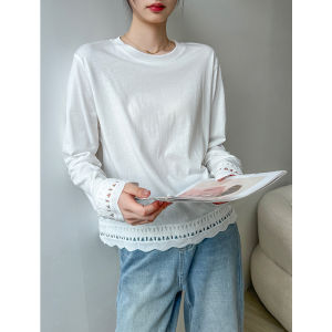 White round Neck Long Sleeve T-Shirt Womens Loose Inner Wear Base Shirt Top Outerwear New 2025 Style Lace Trim Commute Style