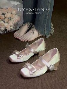 Pink Mary Jane Single Shoes Womens New 2025 Silk Velvet High Heels Fairy Tale Style Butterfly Knot Daily Wear Comfortable