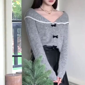 Elegant Grey French Style Knitted Sweater V-Neck Womens Fashionable Bow Knot Slimming Beautiful Long Sleeve Cashmere Sweater