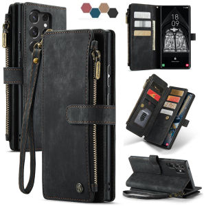 Compatible with for Samsung Galaxy S25 S24 ULTRA S25 S24 PLUS S25 S24 FE Wallet Case with Card Holder Kickstand Magnetic Zipper Pocket Lanyard Strap WristletLeather Flip Case Wallet S25 Ultra (Black)