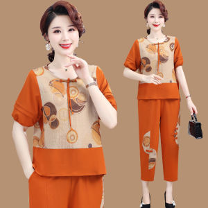New Arrival Short Sleeve Two-piece Set Ladieswear Summer Wear Suit Middle-Aged and Elderly Womens Casual Coat Cropped Pants Loose Color Slim Looking
