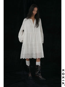 ชุดเดรสแขนยาวลายปัก KOKIA ทรงหลวม แขนโคมไฟ ผ้าฝ้าย กระโปรงสั้น ทรงเอ สำหรับใส่ไปทำงาน ฤดูใบไม้ผลิและฤดูใบไม้ร่วง