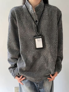เสื้อยืดคอกลมแขนยาวทรงหลวมสำหรับผู้ชาย สีเทาเข้ม เส้นใยโพลีเอสเตอร์ ทรงหลวม ปกโปโล แจ็คเก็ตถัก สไตล์น้ำหอม