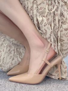 Nude Color Fashion Sandals Womens Summer High Heels Bright Painted Leather Slip-On Shoes Thin Heel Versatile Single Shoes