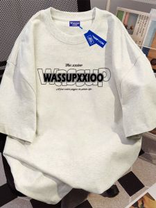 Wassup Summer New Loose Cotton Printed T-shirt Mens Fashion Short Sleeve Heavyweight 260g Trendy Casual round Neck Top