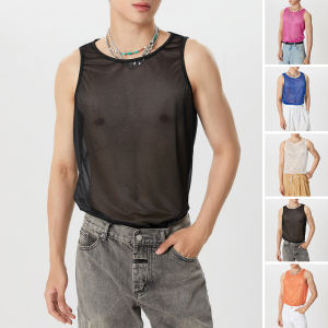ChArmkpR Store INCERUN Men Solid O-neck Sleeve See Through Shiny Vests Sporty Tank Tops (Western Style)