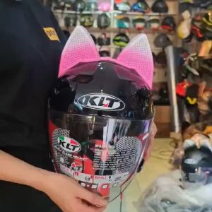 Combo Nón bảo hiểm 3/4 KLT đen bóng gắn tai mèo to hồng loang trắng - Nón bảo hiểm chính hãng