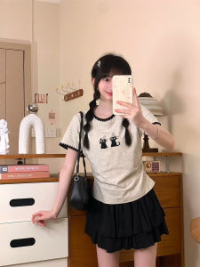 Korean Style Cute Cartoon Cat Embroidery Short Sleeve Womens Black Ruffle Collar T-Shirt Slim Fit Pleated Short Top