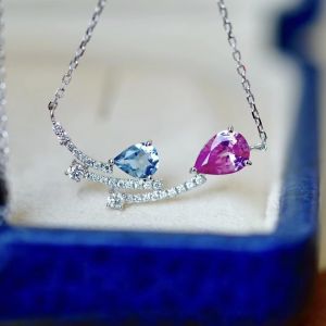 Montagne Jewelry (Deposit Link) Total Price 3600SGD 18K Pure White Gold Necklace Diamond Inset Fine Jewellery Natural Gem Aquamarine+Pink Sapphire Pendant Neckalce