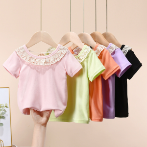 [PRINCESS KESLI] 1-9 Tahun Kaos kasual pita renda kain perca lengan pendek kerah renda 2024 new Katun T-shirts