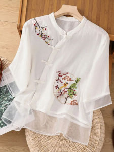 Retro Thin Heavy Embroidery High End Loose Collar T-Shirt Ethnic Style Summer Cotton Linen Shirt Womens Fashion Premium Quality