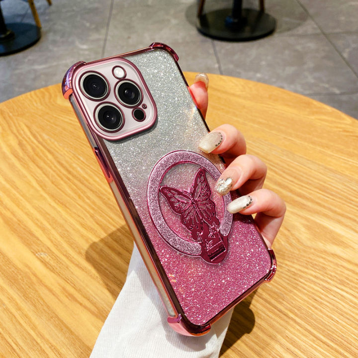 YBD Phone Case for Samsung Galaxy A12 Nacho A12S M12 F12 A22 M22 M32 F22  Light Luxury Rhinestone Women's Sparkling Pink Butterfly Bracket Casing 