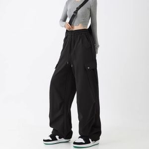 Tall Womens Long Wide Leg Workwear Sweatpants High Waist Floor Length American Retro Sports Trousers Casual Cotton Blend