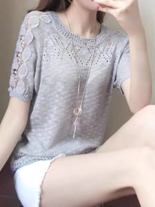 Summer 2025 Korean Style Lace Splice Short Sleeve T-Shirt Womens Slim Fit Versatile Top Hollow out Thin Knitted Shirt