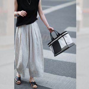 กางเกงลำลองผ้าลินินทรงหลวมสบายๆ สำหรับผู้หญิง กางเกงขายาวทรงหลวมสบายๆ สำหรับฤดูร้อน ทรงหลวมสบายๆ สำหรับใส่ไปทำงาน