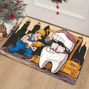 Dental Theme Pattern Door Mat Tooth Designs Smoke Technological Robotic Elements Dental Clinic Door Mat Dental Clinic Door Mat