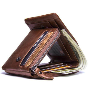 Genuine Leather Men Wallet Vintage Trifold Wallet Zipper Coin Pocket Purse Crazy Horse Cowhide Leather Wallet