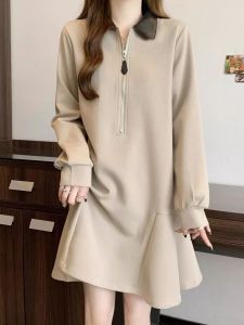 plus Size Womens Polo Collar Long Sleeve Dress Simple A-Line Midi Skirt Korean Style Commute Pure Color Base Layer Outerwear