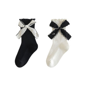 ถุงเท้าเด็กผู้หญิง ถุงเท้ากลางน่อง ผ้าฝ้ายแท้ ลายโบว์ผีเสื้อ ขอบไม้ ฤดูใบไม้ผลิและฤดูใบไม้ร่วง ถุงเท้าเด็กสไตล์เจ้าหญิง ถุงเท้าเด็กสไตล์เกาหลี