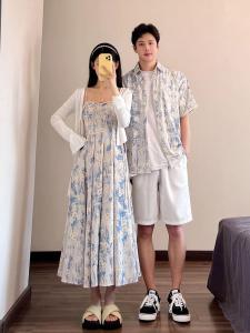 Trendy Summer Printed Short Sleeve Shirt with Suspenders Womens Chiffon A-Line Skirt Mid-Waist Polyester Online Only